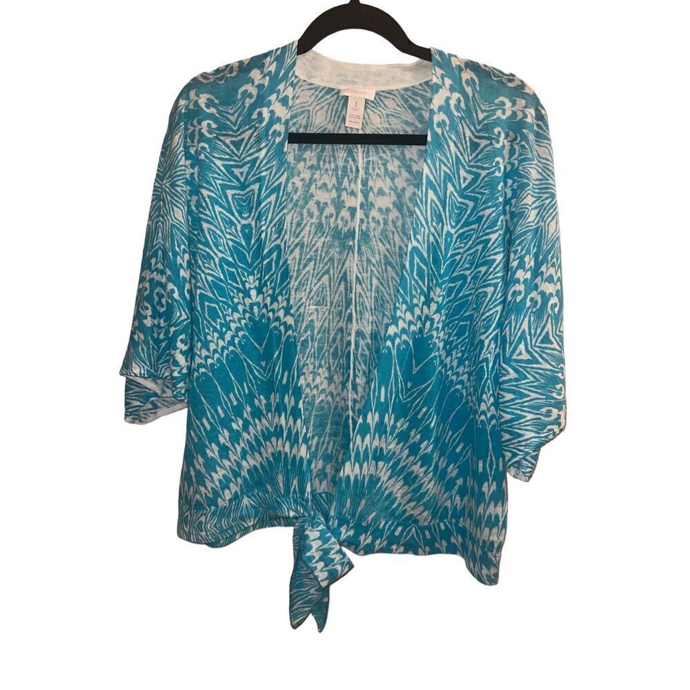 ✨Chicos Pattern Teal Linen Blend Tie Front Sz 1 Cardigan✨